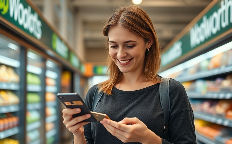 Woman using credit card at Woolworths supermarket